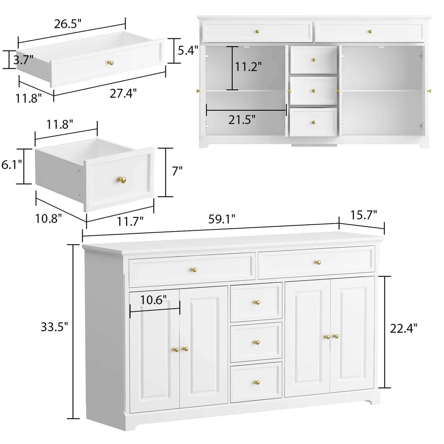 Modern Dresser Cabinet with 5 Drawers & 4 Storage Compartments with Adjustable Shelves, White