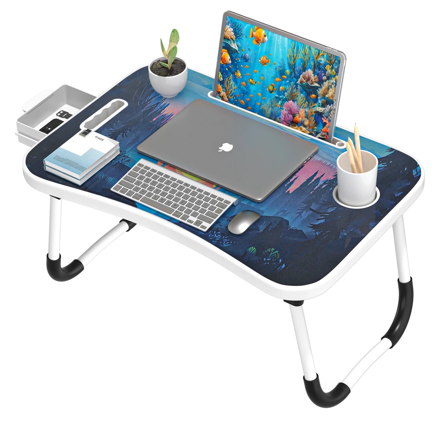 Extra-large multifunctional folding desk, portable multi-color wooden laptop bed desk with cup holder.