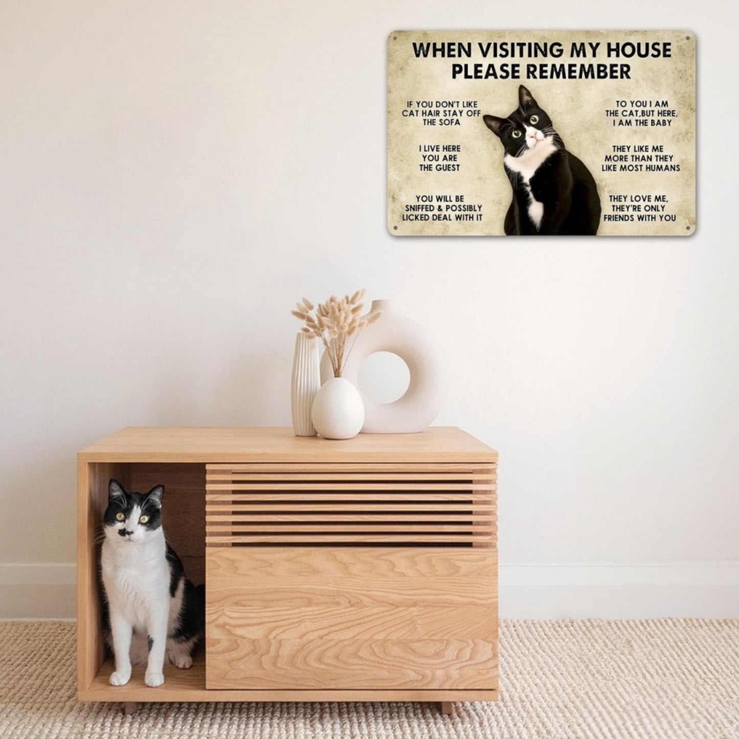 1pc, Cat - House Rules - Metal Tin Sign (11.81"x7.87"/30x20cm)