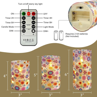 Bohemia Home Decor Set 3 Sunflower-Themed LED Pillar Candles Flickering 3D Wick