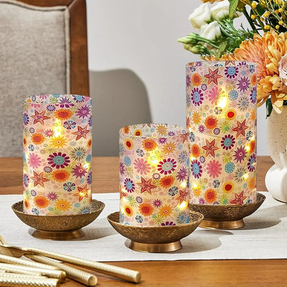 Bohemia Home Decor Set 3 Sunflower-Themed LED Pillar Candles Flickering 3D Wick