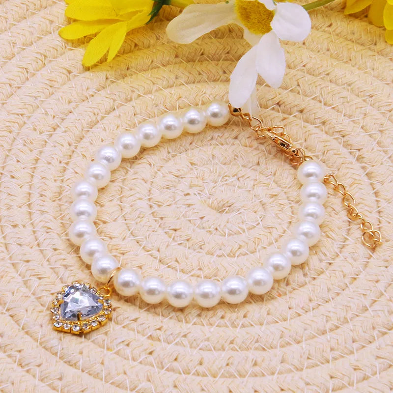 Pet Fashion Necklace -Pearl Beaded Solid Crystal Pendant Pet Product