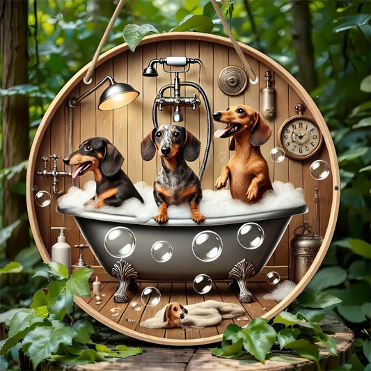 20cm Wooden flat print cute dachshunds bath round picture -decoration home decor