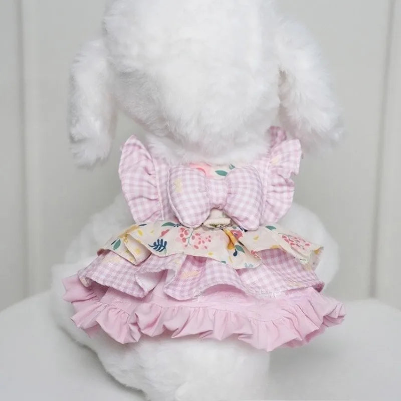 Pet Dress -Floral & Plaid with Princess Bow