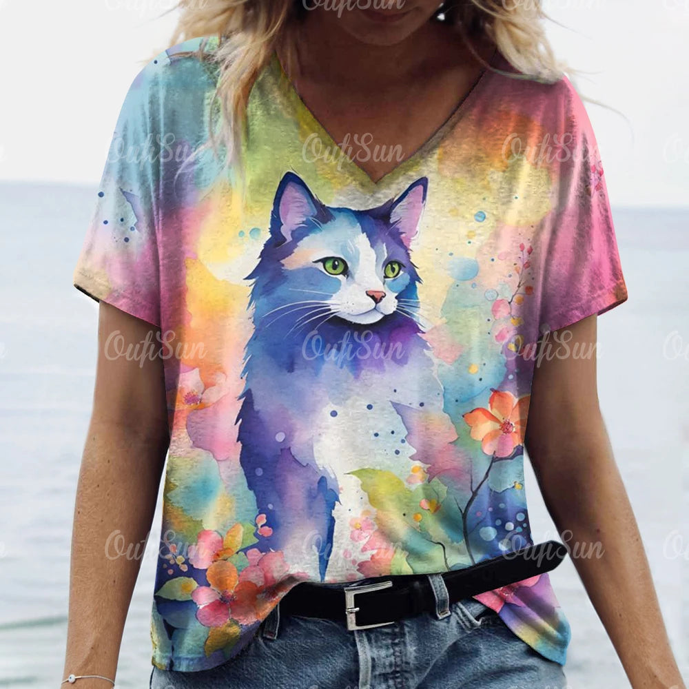 Summer Women's T Shirt, Cat Print