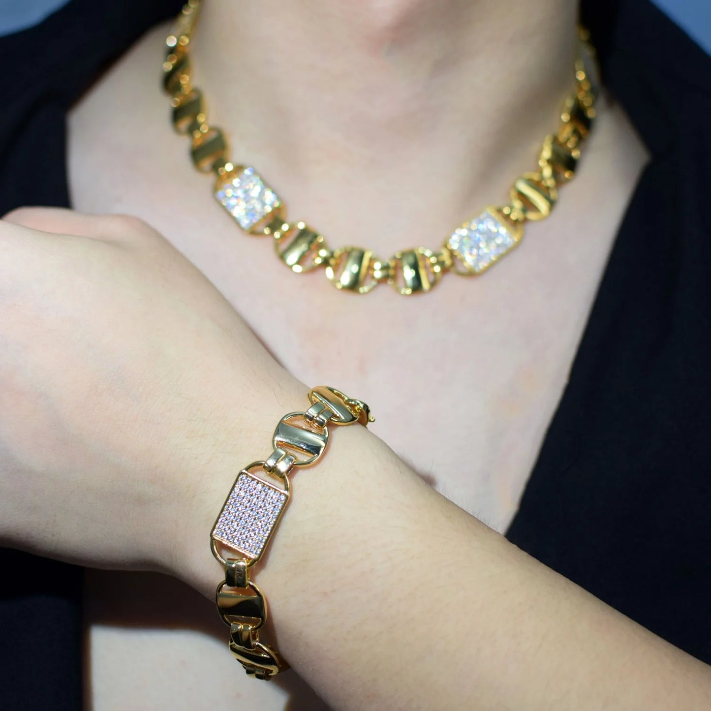Square Clustered Cuban Chain Bracelet+Necklace Set- Gold Color Iced Out CZ Zirconia Fashion Jewelry