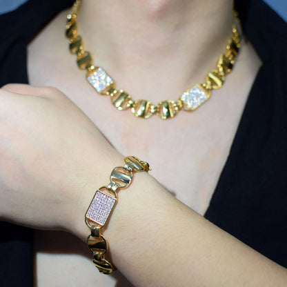 Square Clustered Cuban Chain Bracelet+Necklace Set- Gold Color Iced Out CZ Zirconia Fashion Jewelry