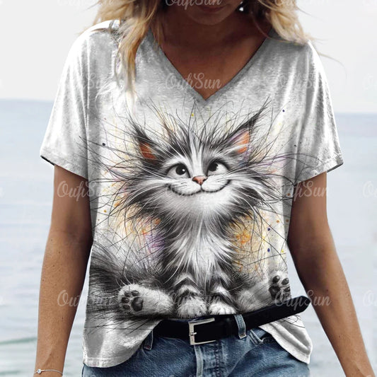 Summer Women's T Shirt, Cat Print