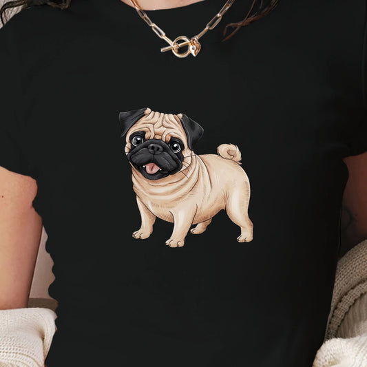 Pug Illustration Women's Fashion Short T-Shirt-  Slim Fit Knitted Fabric