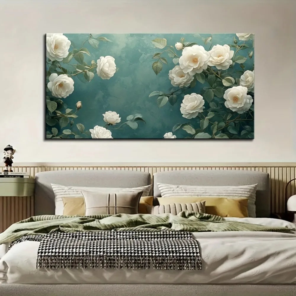 Wall canvas decoration with floral painting.
