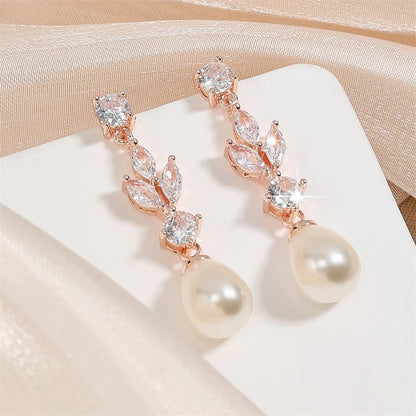 Fashion Marquise Cut Cubic Zircon Dangle Earrings for Women- Imitation Pearl Leaf