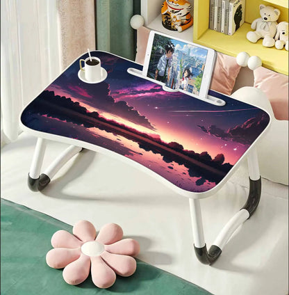 Extra-large multifunctional folding desk, portable multi-color wooden laptop bed desk with cup holder.