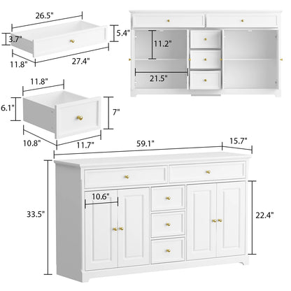 Modern Dresser Cabinet with 5 Drawers & 4 Storage Compartments with Adjustable Shelves, White