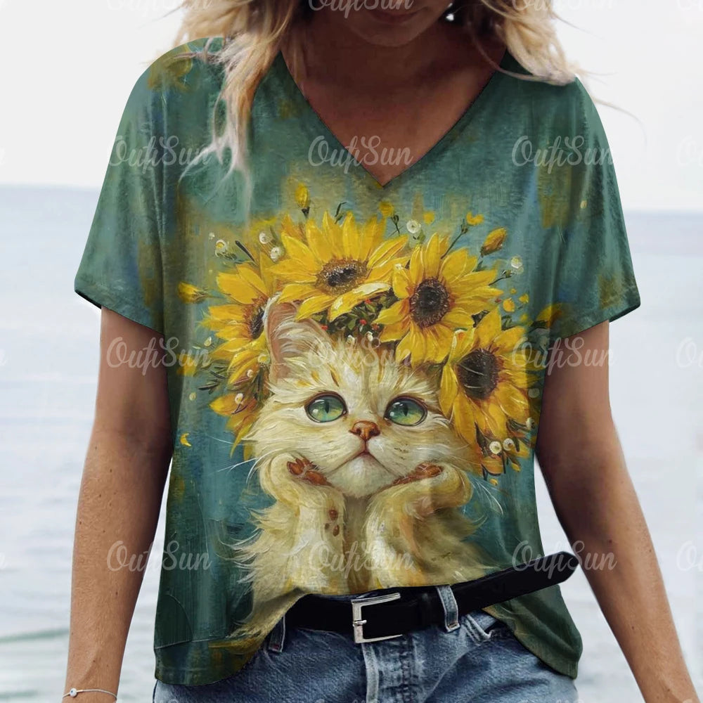 Summer Women's T Shirt, Cat Print