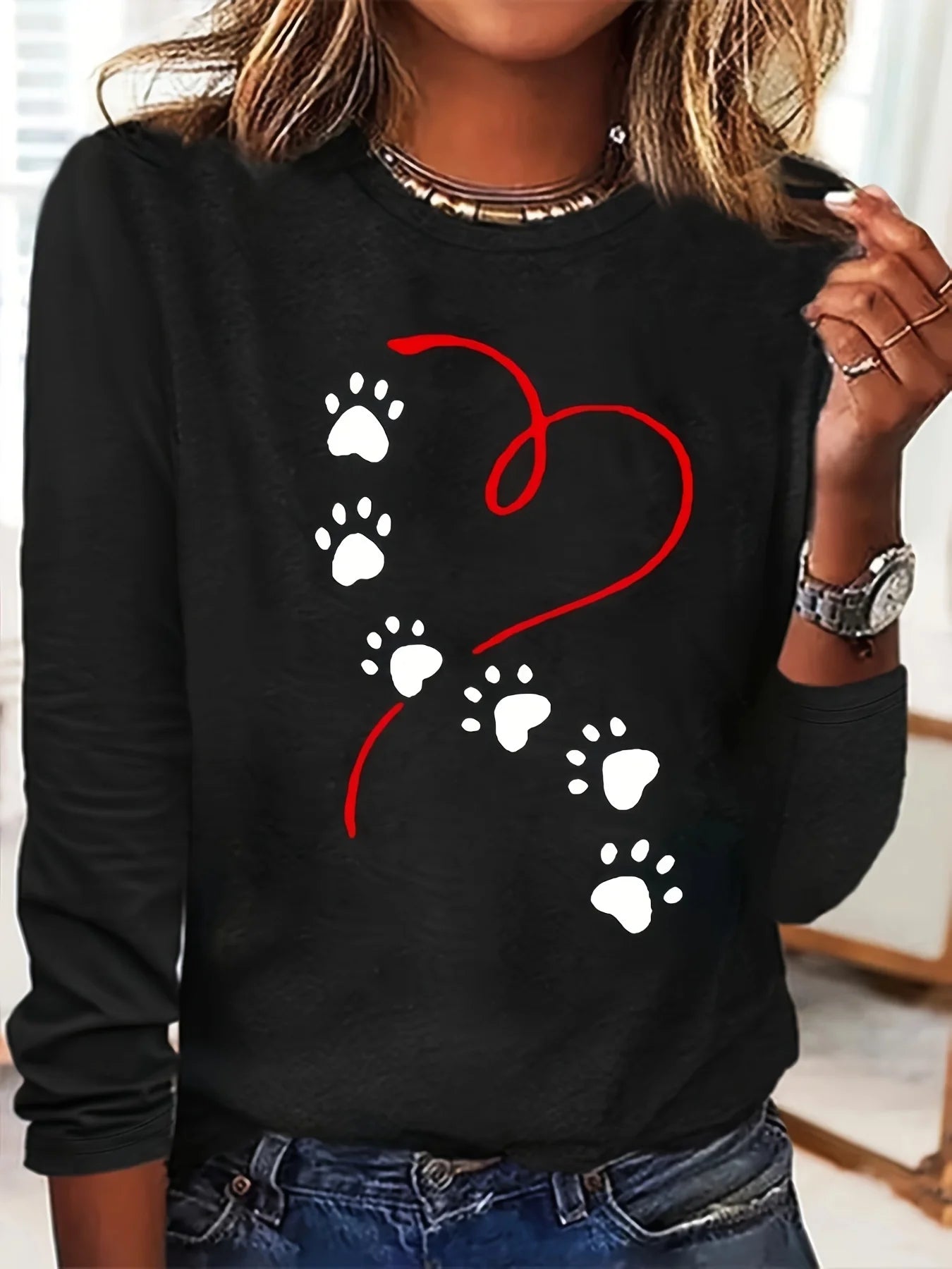 Heart Dog Paw Print T shirt -Crew Neck women's long sleeved