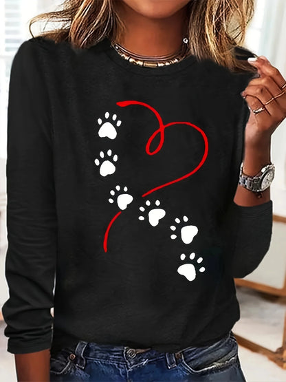 Heart Dog Paw Print T shirt -Crew Neck women's long sleeved