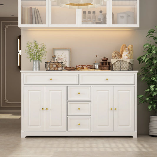 Modern Dresser Cabinet with 5 Drawers & 4 Storage Compartments with Adjustable Shelves, White