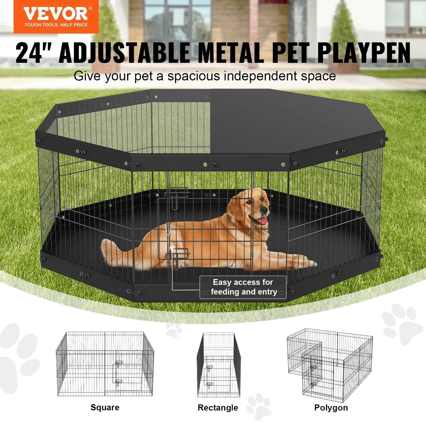 Dog Playpen, 8 Panels Foldable Metal Dog Exercise Pen with Top Cover and Bottom Pad, 24" H