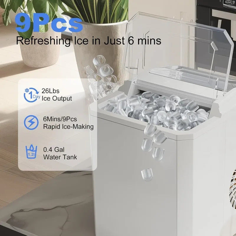 Countertop/Portable Bullet Ice Maker with Ice Scoop, 26.5Lbs/24H, 2 Sizes of Bullet Ice