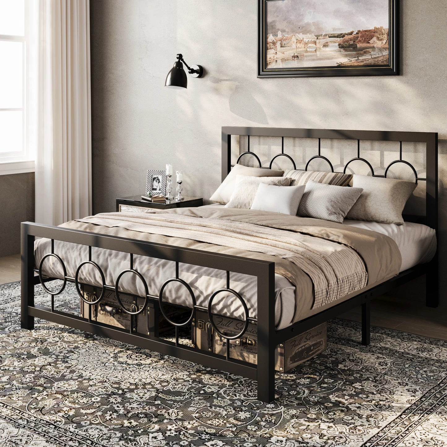 Metal Platform Bed Frame with Vintage Circular Design Headboard and Footboard