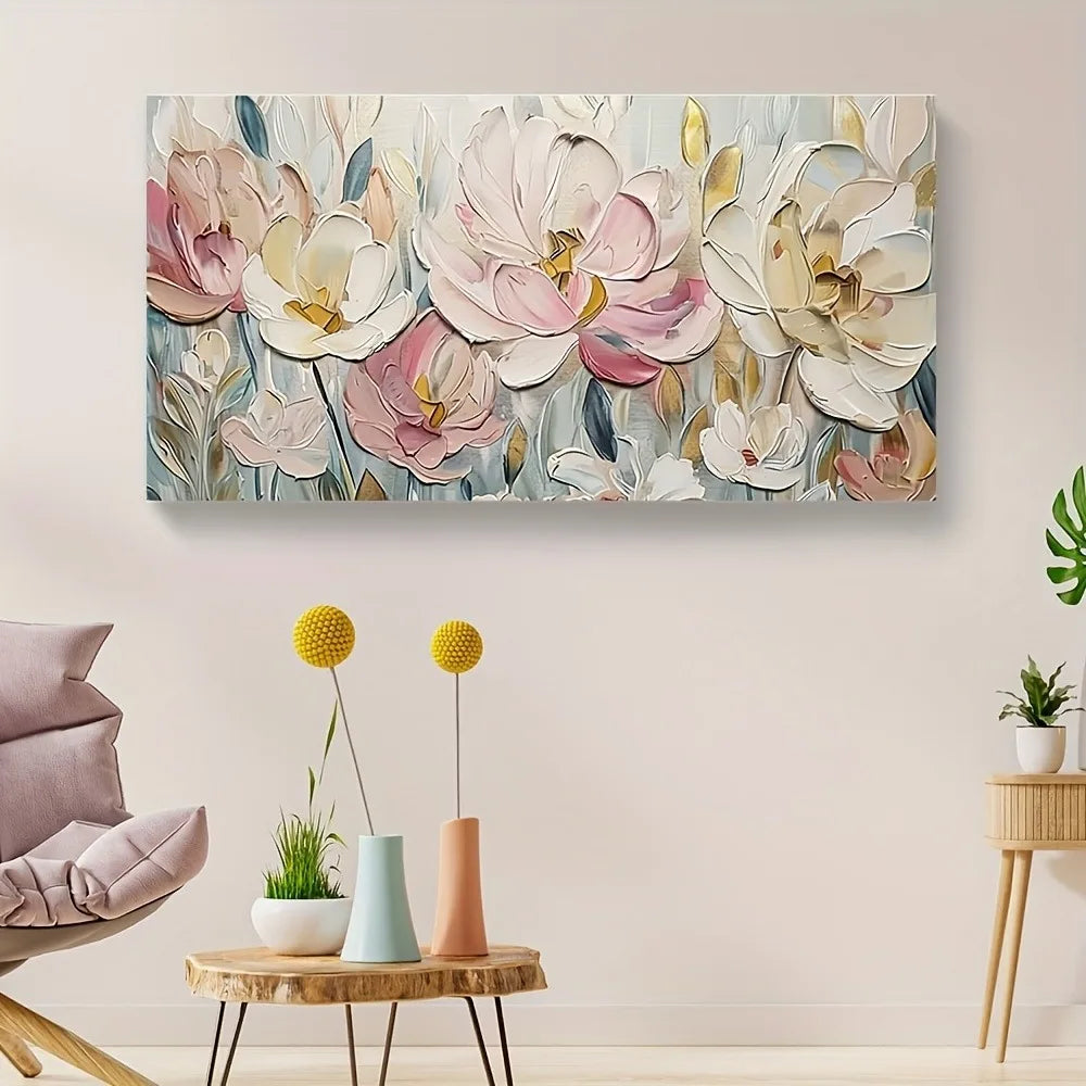 An abstract floral canvas painting, suitable for interior, mixed watercolor style, 1.5 inch thick pine solid wood frame