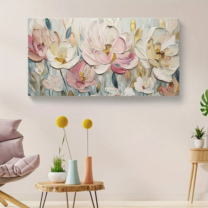 An abstract floral canvas painting, suitable for interior, mixed watercolor style, 1.5 inch thick pine solid wood frame