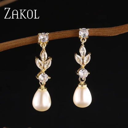 Fashion Marquise Cut Cubic Zircon Dangle Earrings for Women- Imitation Pearl Leaf