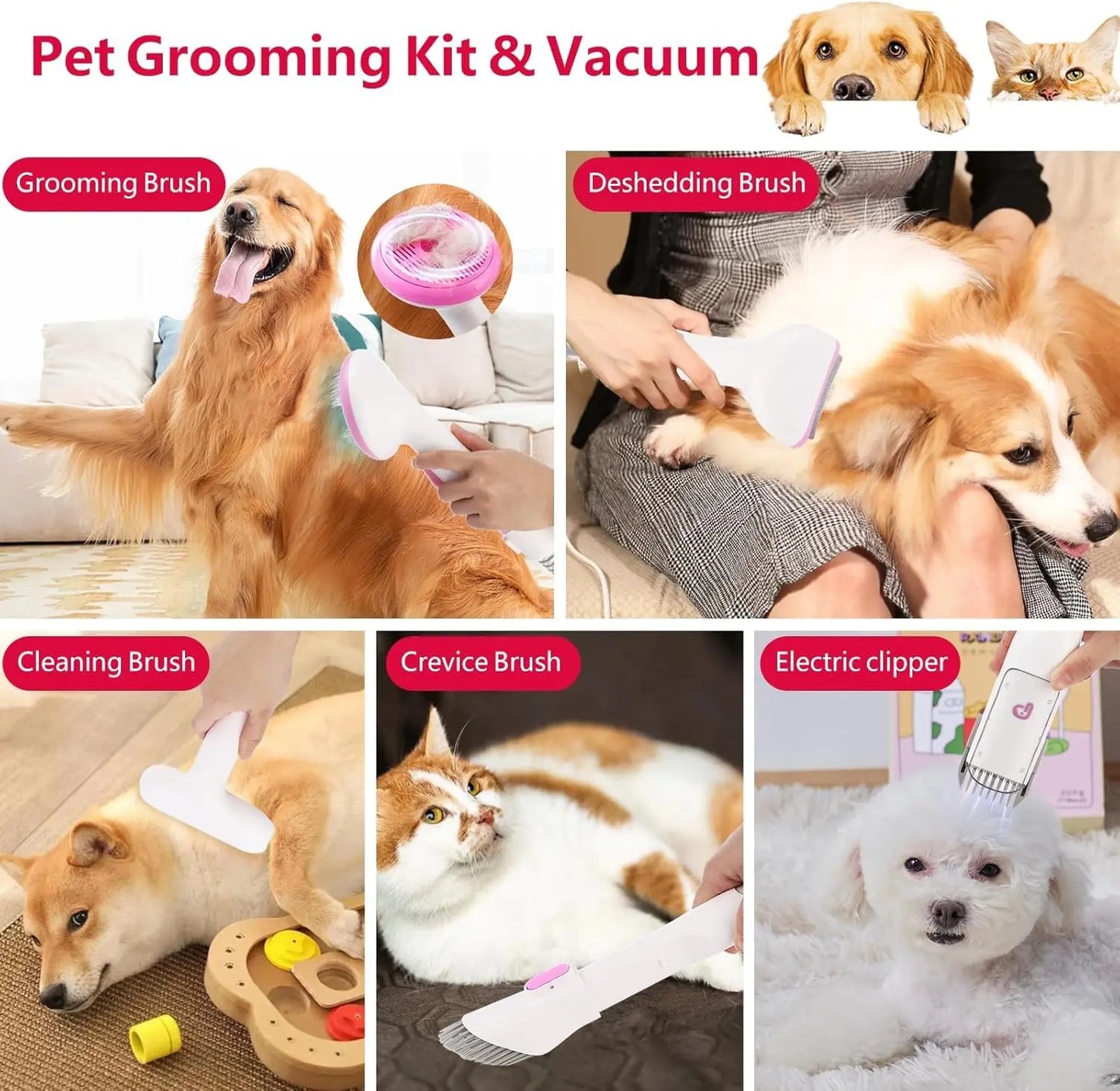 5 in 1 Pet Vacuum Grooming Kit, 2L Large Capacity Hair Storage, Self-Cleaning Design, Pet Hair Vacuum for Dogs and Cats
