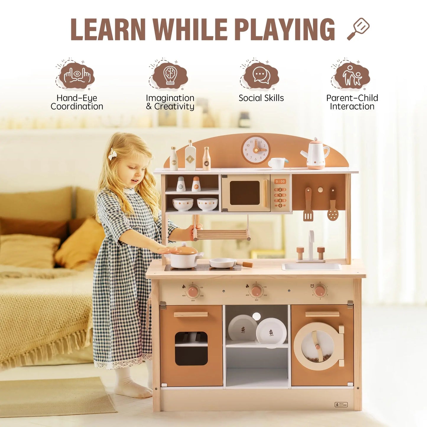 Wooden Modern Style Play Kitchen with Realistic Accessories