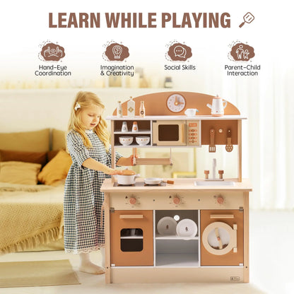 Wooden Modern Style Play Kitchen with Realistic Accessories