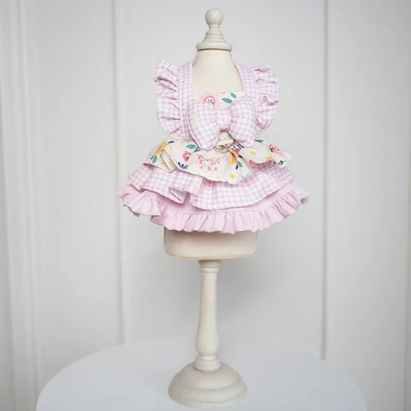 Pet Dress -Floral & Plaid with Princess Bow