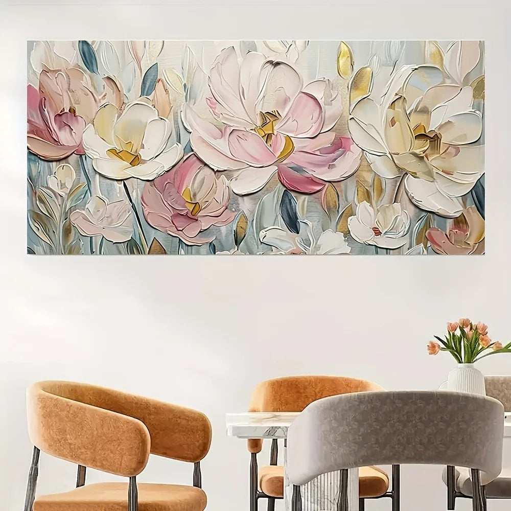 An abstract floral canvas painting, suitable for interior, mixed watercolor style, 1.5 inch thick pine solid wood frame