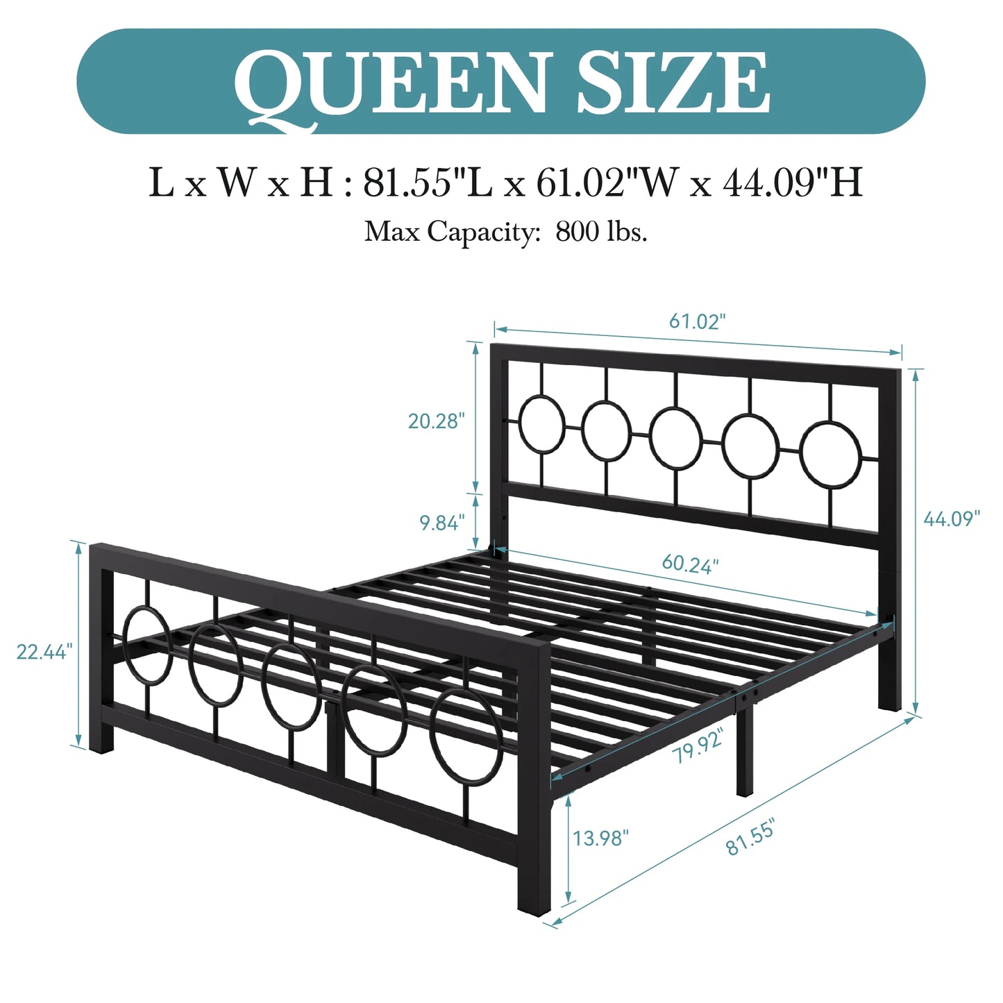Metal Platform Bed Frame with Vintage Circular Design Headboard and Footboard
