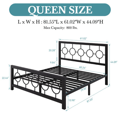 Metal Platform Bed Frame with Vintage Circular Design Headboard and Footboard