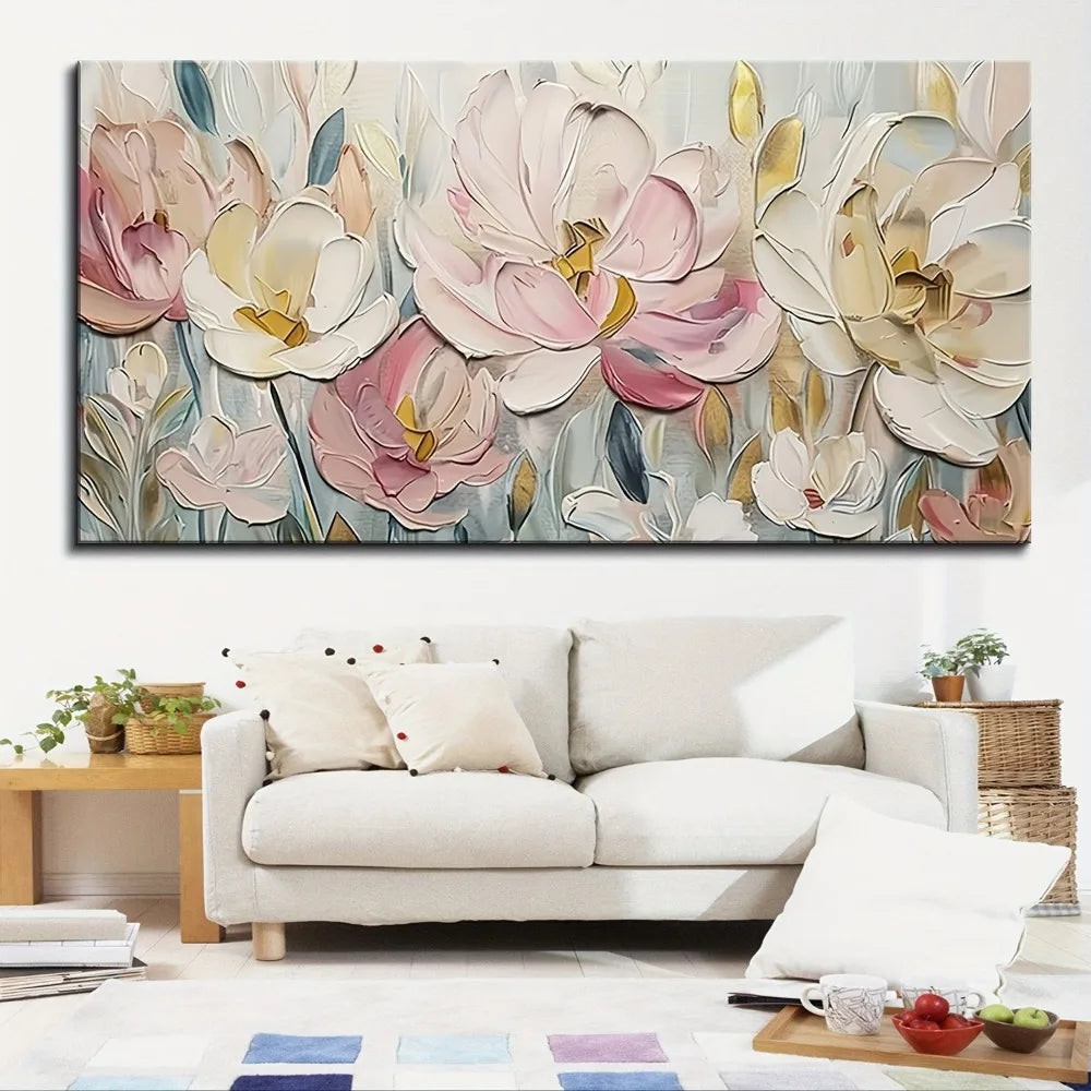 An abstract floral canvas painting, suitable for interior, mixed watercolor style, 1.5 inch thick pine solid wood frame