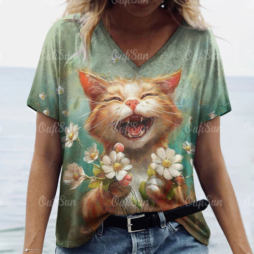 Summer Women's T Shirt, Cat Print