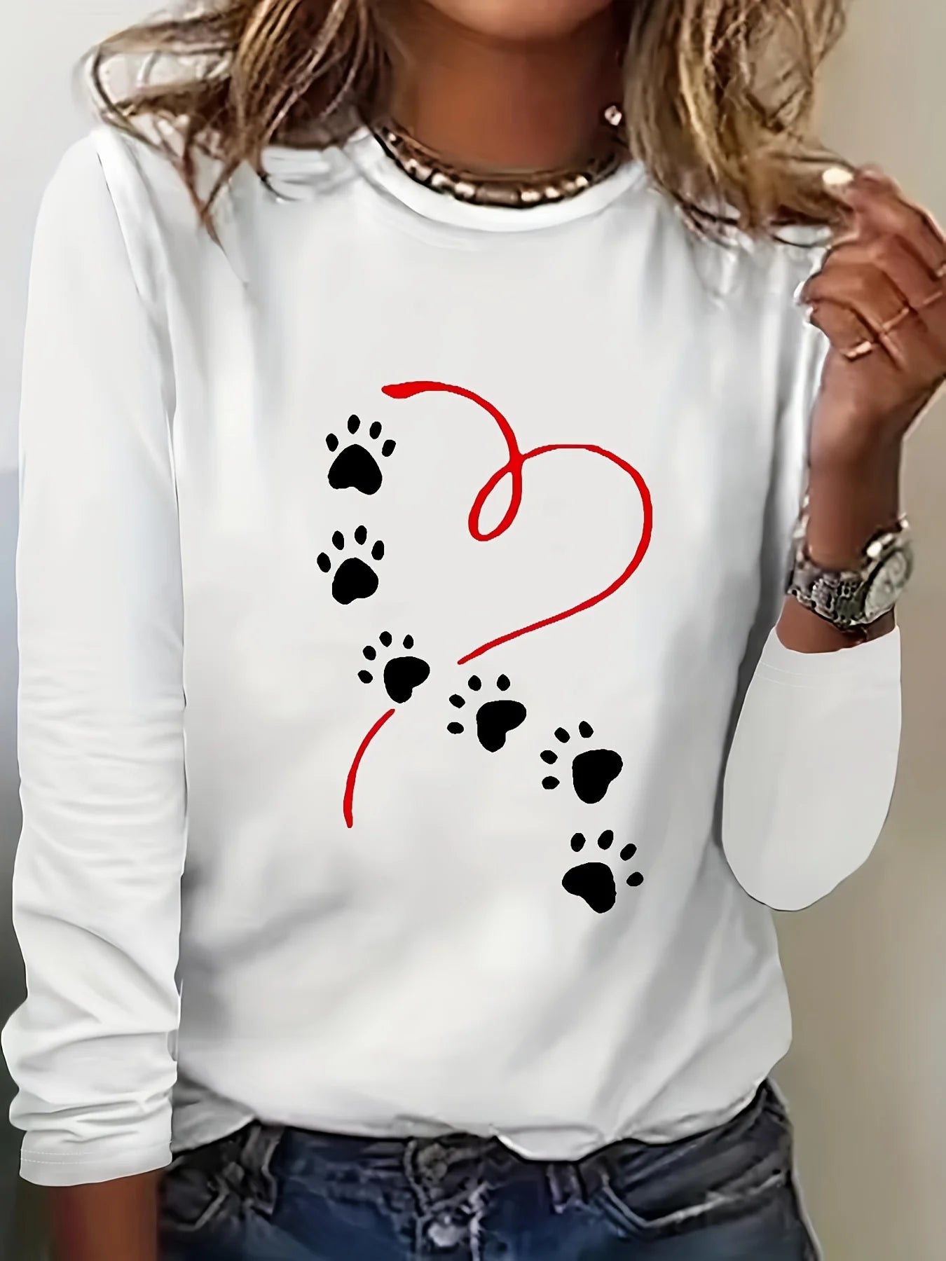 Heart Dog Paw Print T shirt -Crew Neck women's long sleeved