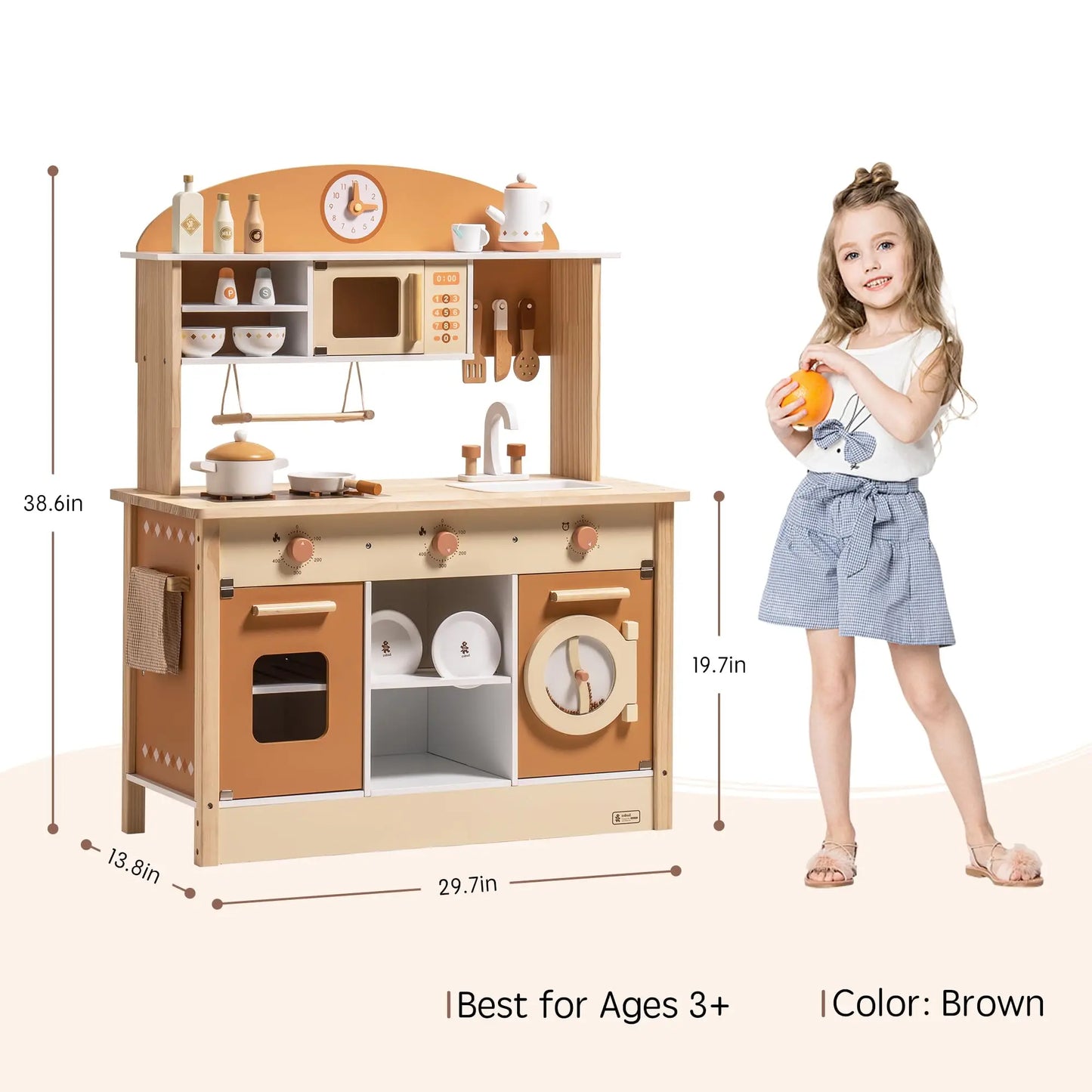 Wooden Modern Style Play Kitchen with Realistic Accessories