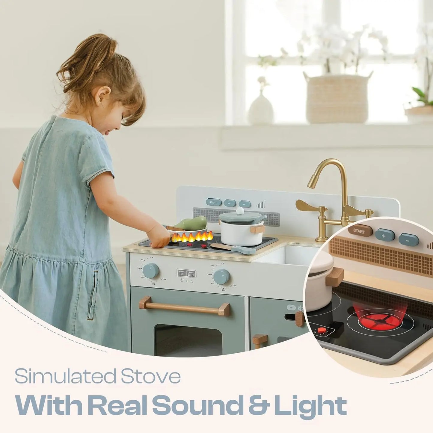 Wooden Kitchen Playset with Real Lights & Sounds -Ice Cube Dispenser- For Ages 3+
