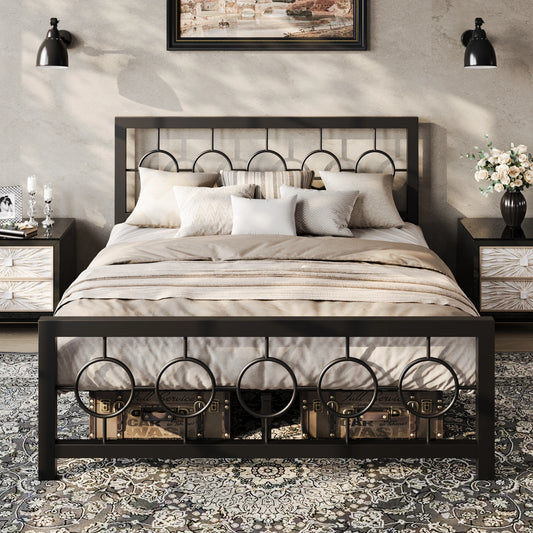 Metal Platform Bed Frame with Vintage Circular Design Headboard and Footboard