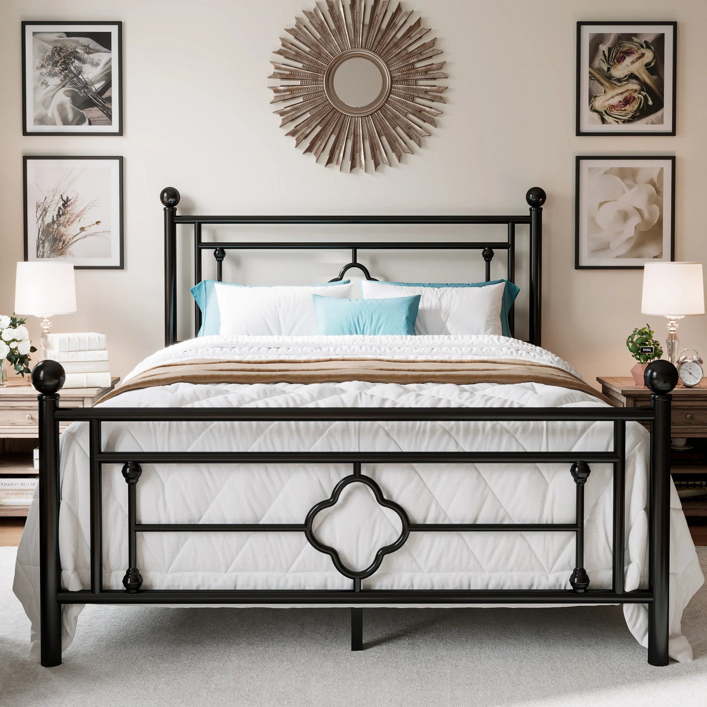 Metal Platform Bed Frame, Wrought Iron Headboard and Footboard