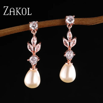 Fashion Marquise Cut Cubic Zircon Dangle Earrings for Women- Imitation Pearl Leaf