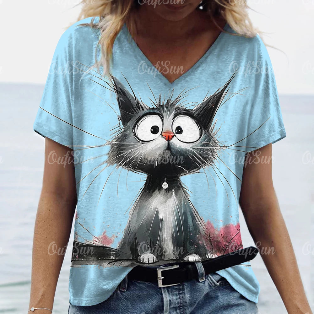 Summer Women's T Shirt, Cat Print