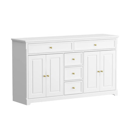 Modern Dresser Cabinet with 5 Drawers & 4 Storage Compartments with Adjustable Shelves, White