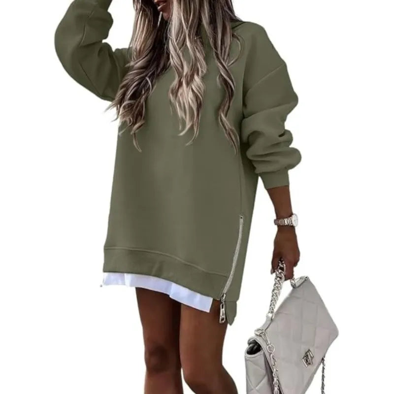 Autumn And Winter Fashion Women's Round Neck Long Sleeved Mid Length Sweater