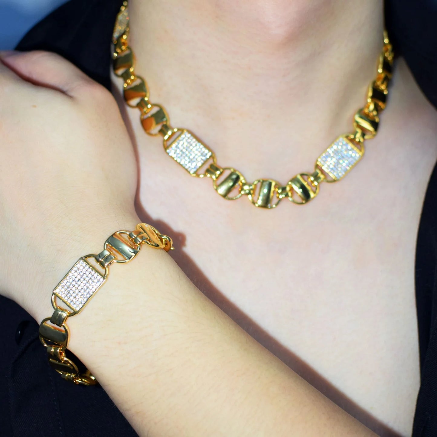 Square Clustered Cuban Chain Bracelet+Necklace Set- Gold Color Iced Out CZ Zirconia Fashion Jewelry