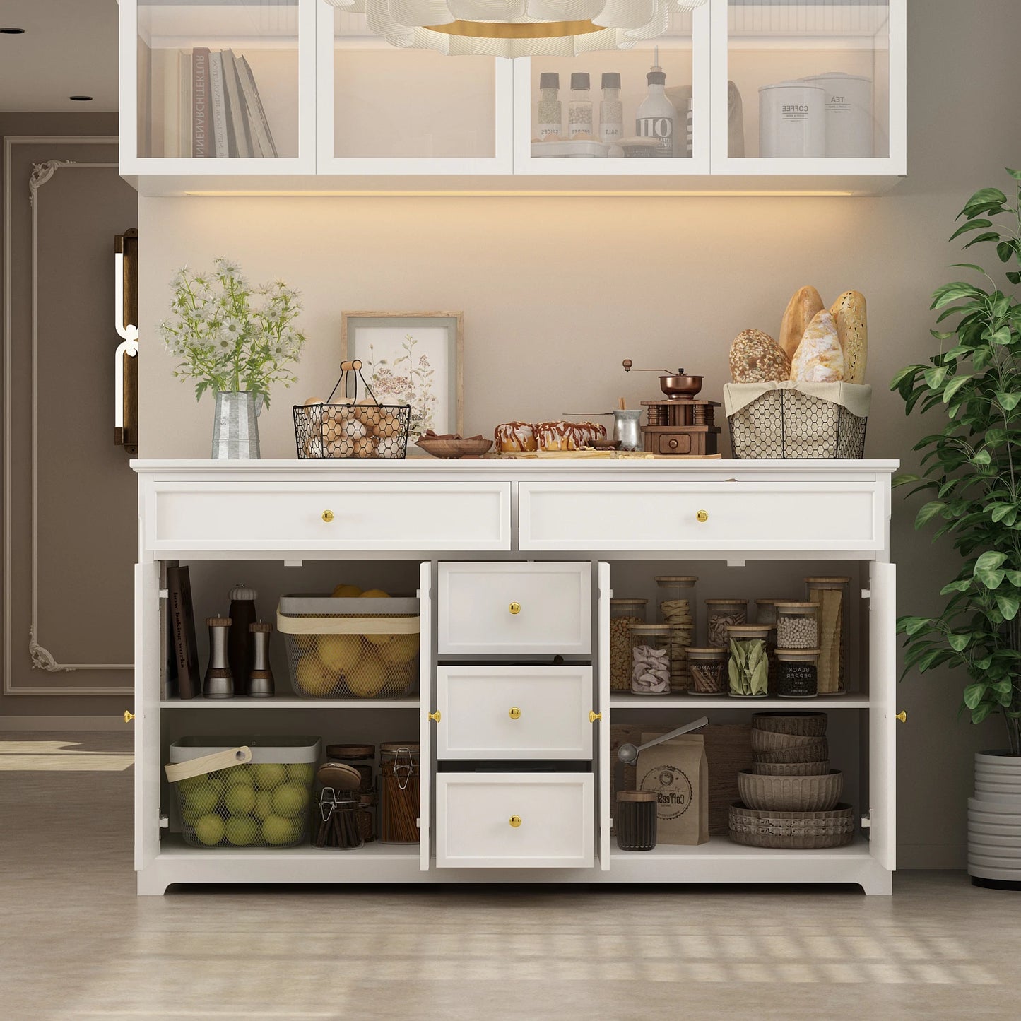 Modern Dresser Cabinet with 5 Drawers & 4 Storage Compartments with Adjustable Shelves, White