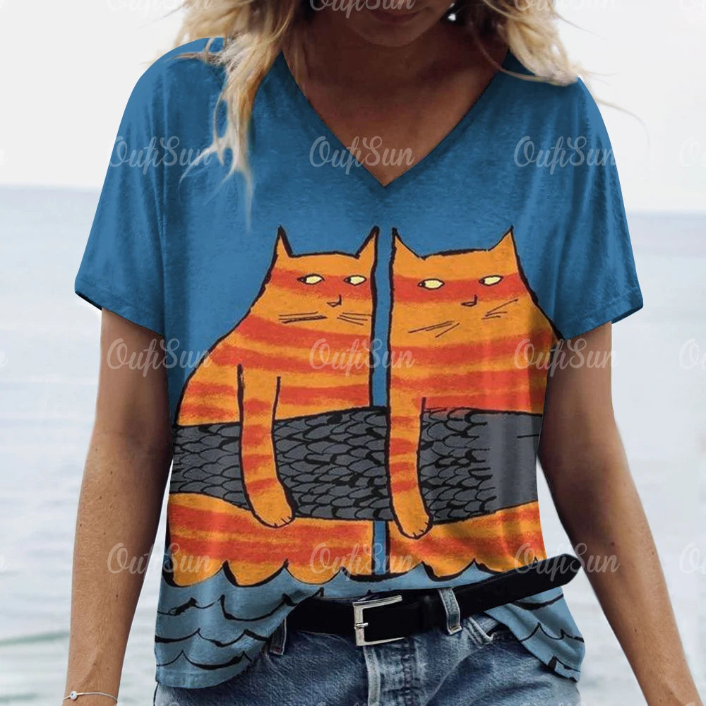 Summer Women's T Shirt, Cat Print