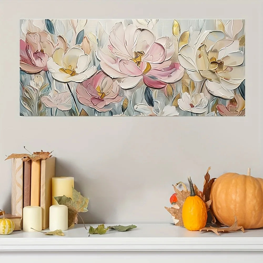 An abstract floral canvas painting, suitable for interior, mixed watercolor style, 1.5 inch thick pine solid wood frame