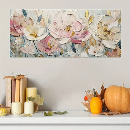 An abstract floral canvas painting, suitable for interior, mixed watercolor style, 1.5 inch thick pine solid wood frame